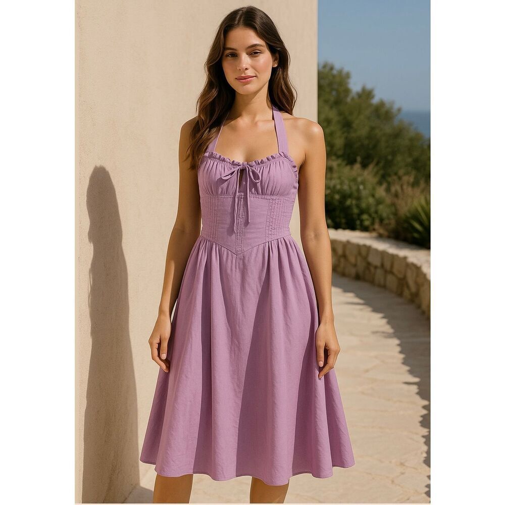 Line & Dot Purple Halter Midi Dress Smocked Bodice Open Back Size S NWOT